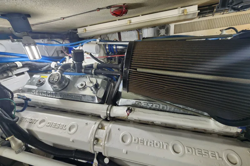Slide: The Image of Engine room of 1999 Hatteras 65 Convertible with Detroit Diesel components. - 82