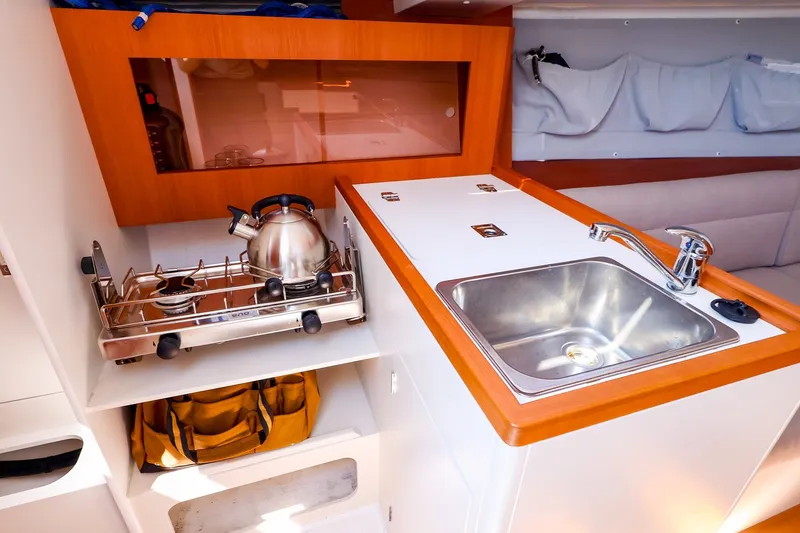 Slide: The Image of Modern galley kitchen in 2023 J Boats J/99 yacht with stove and sink. - 38