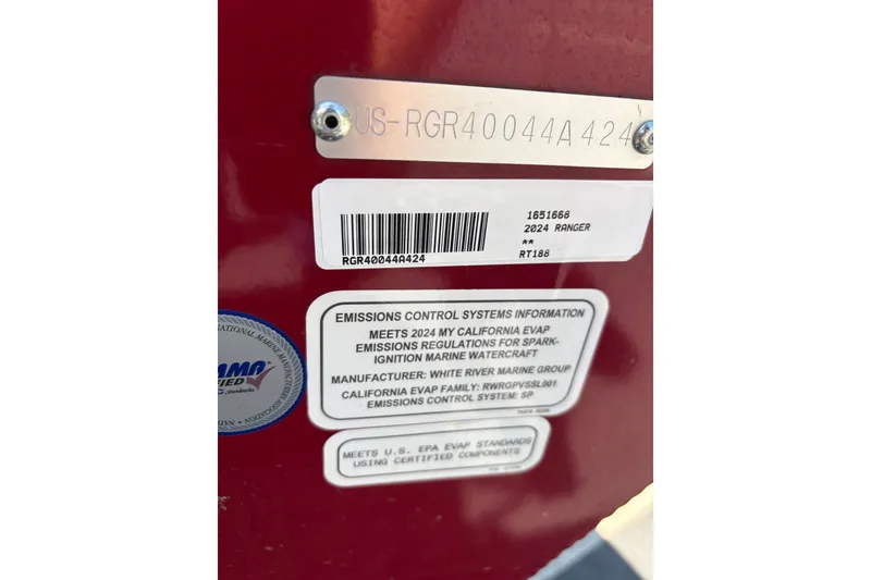 Slide: The Image of 2024 Ranger RT188 emissions label with compliance details and serial number. - 17