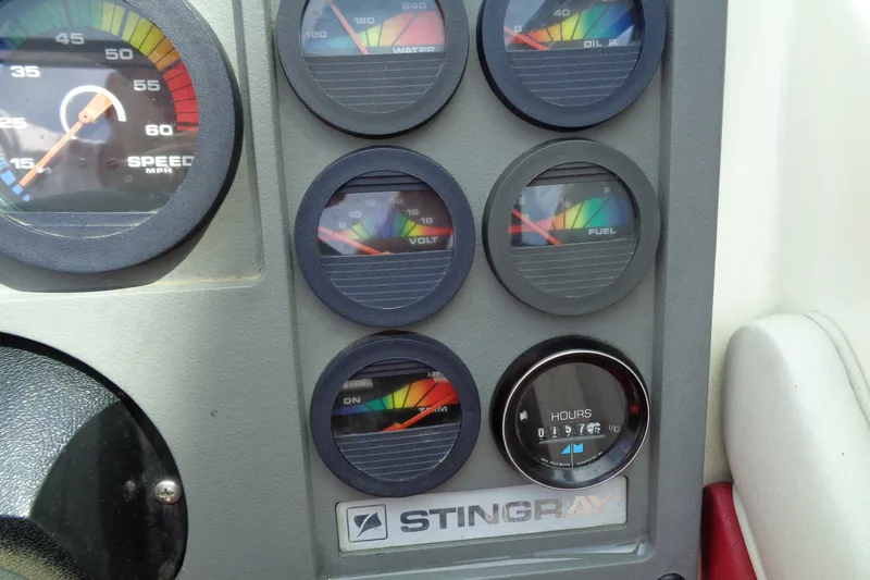 Slide: The Image of Dashboard of a 1989 Stingray 172 SC boat with various gauges and indicators. - 23