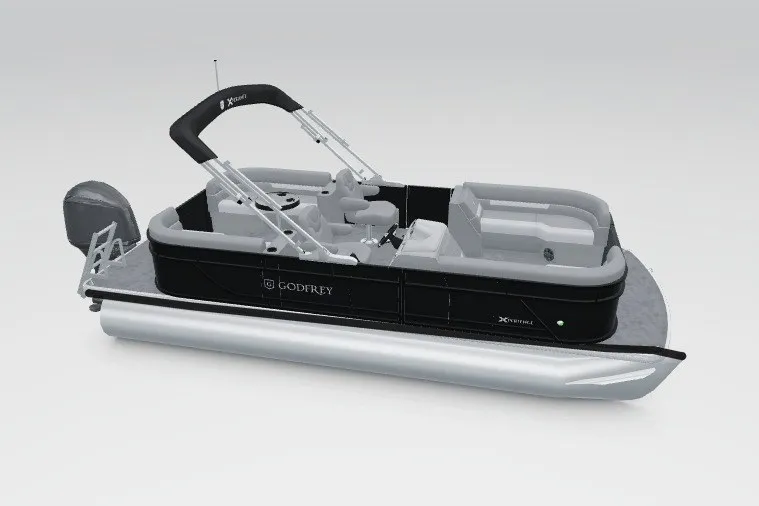 The Image of 2027 Godfrey Xperience 2286 SBX pontoon boat, sleek design, black and gray color scheme. - 171