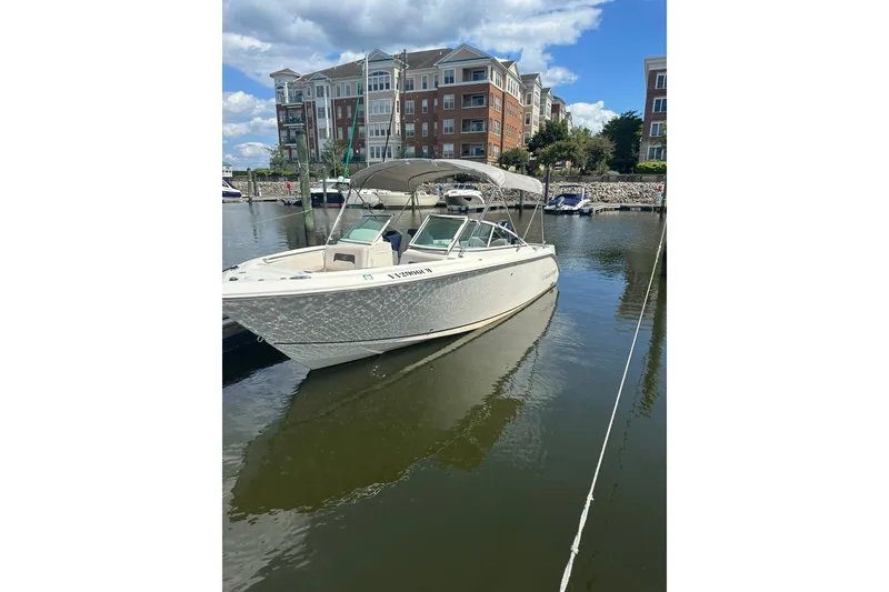 The Image of 2024 Sailfish 226 DC boat docked in a marina with waterfront buildings. - 1