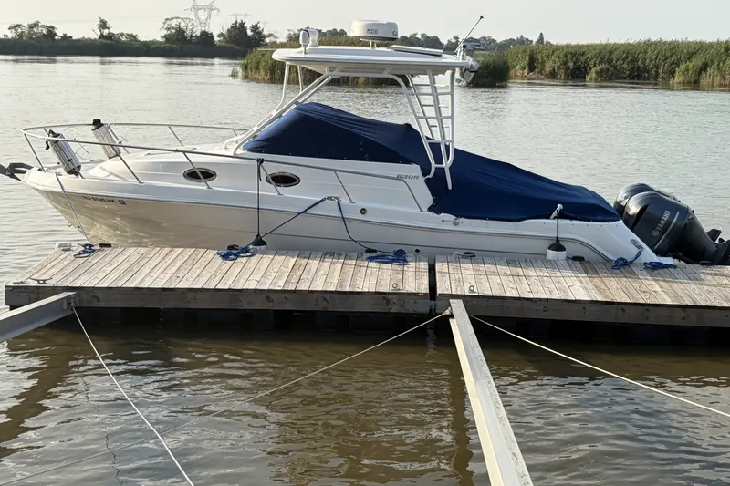 Slide: The Image of 2017 Robalo R305 Walkaround boat docked on a calm river. - 30