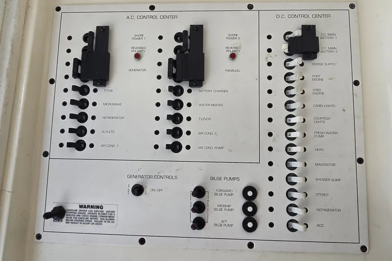 Slide: The Image of Control panel of a 1995 Mainship 31 Sedan Bridge boat, featuring AC and DC systems. - 33