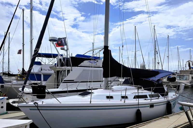 The Image of 1995 Catalina 30 MkIII sailboat docked at marina under blue sky. - 0