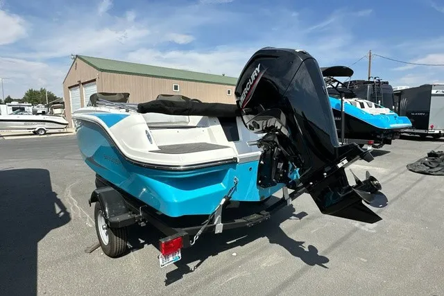 Slide: The Image of A blue and white 2024 Bayliner M17 on a trailer. The outboard motor is visible. - 5