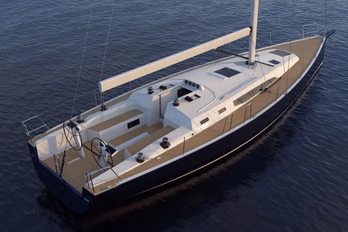 Slide: The Image of 2024 J Boats J/45 sailboat on calm water, showcasing sleek design and spacious deck. - 3