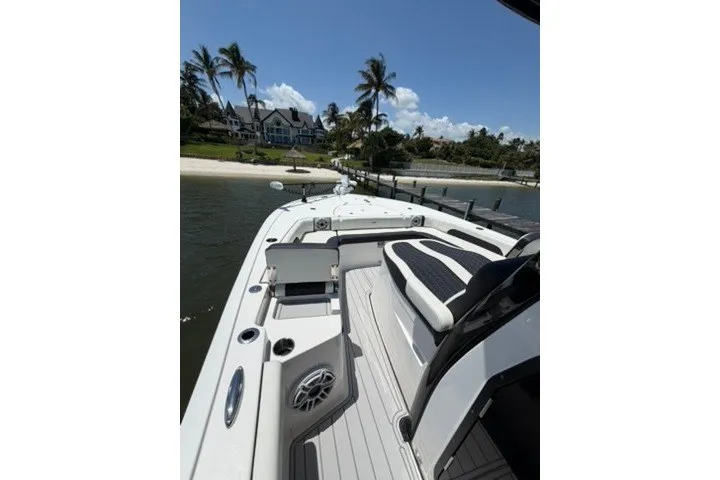 Slide: The Image of 2024 Tidewater 3100 Carolina Bay boat docked near a tropical shoreline with palm trees. - 19