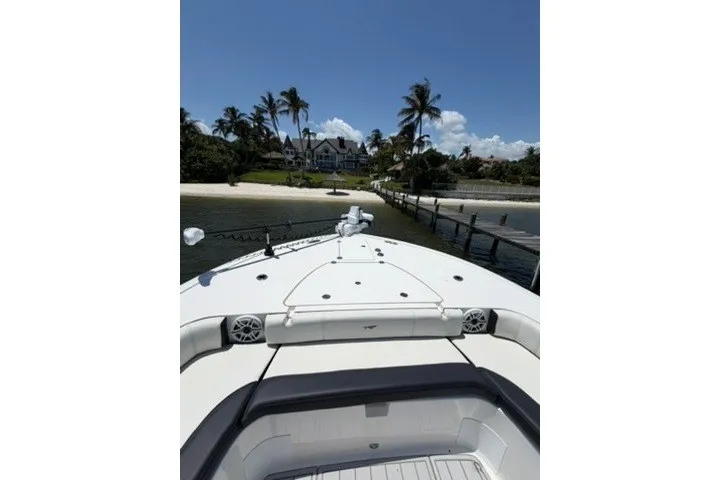 Slide: The Image of 2024 Tidewater 3100 Carolina Bay boat docked near a tropical beach with palm trees. - 20