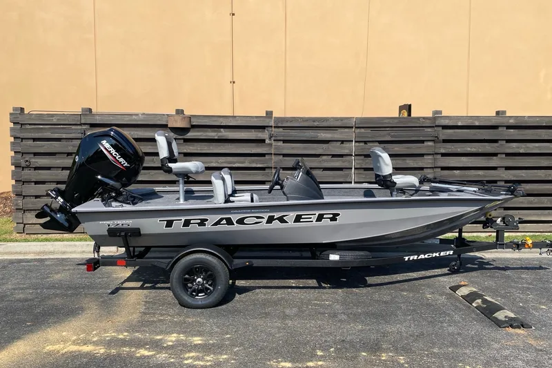 The Image of 2027 Tracker Pro Team 175 Crappie Edition boat on trailer, side view. - 0