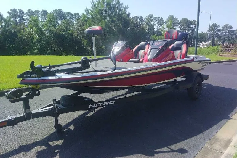 Slide: The Image of 2027 Nitro Z18 XL boat on trailer, red and black design, parked outdoors. - 3