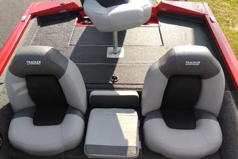 Slide: The Image of 2027 Tracker Pro Team 175 boat seats with gray and black upholstery. - 13