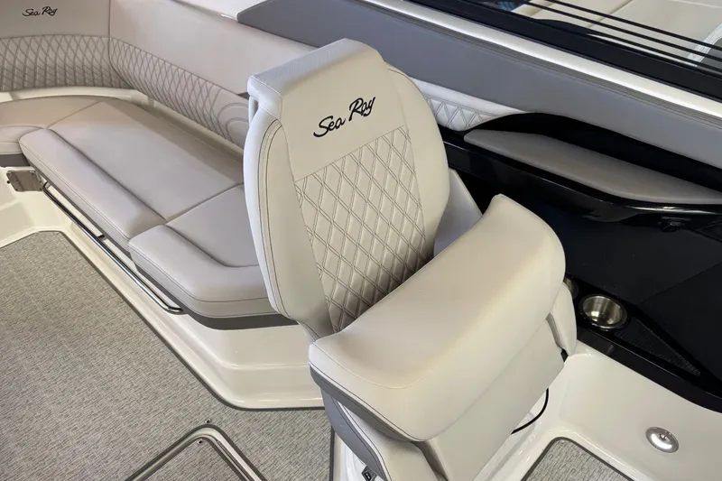 Slide: The Image of Luxurious interior seating of 2027 Sea Ray SLX 280 boat with elegant upholstery. - 13