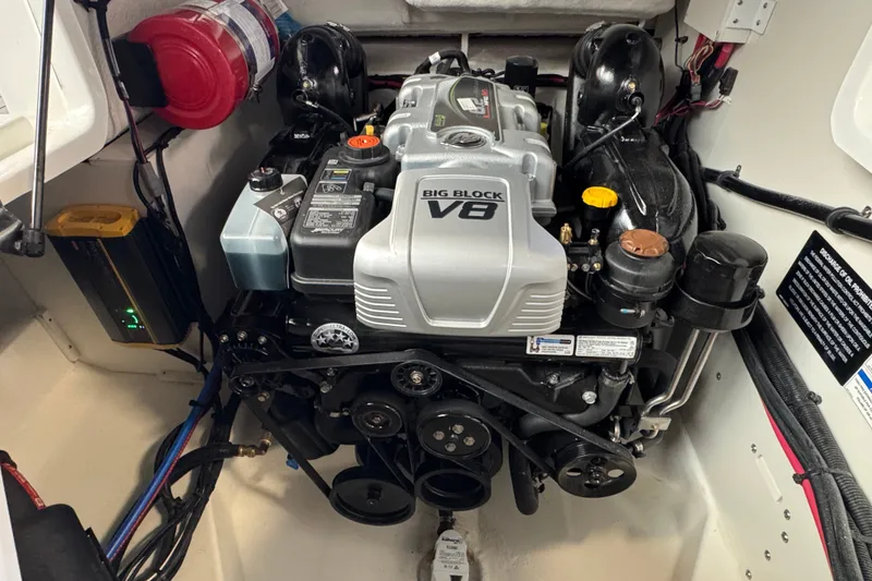 Slide: The Image of Engine compartment of 2027 Sea Ray SLX 280 with Big Block V8 engine. - 22