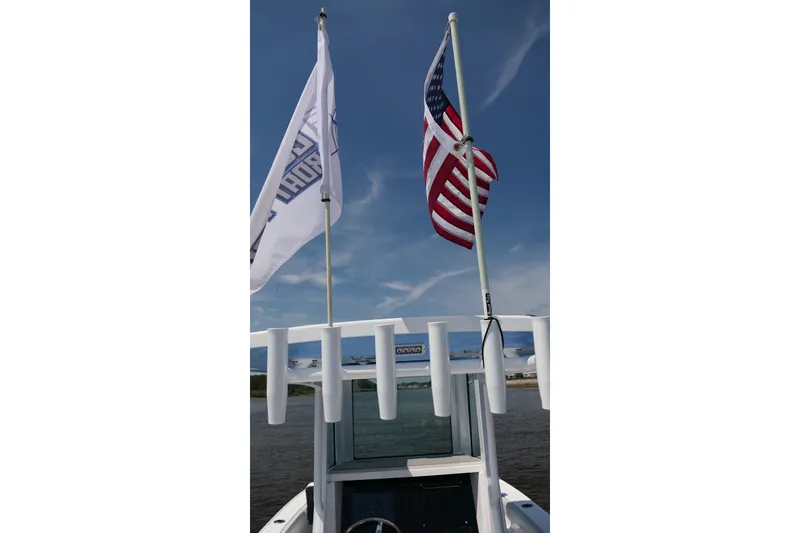 Slide: The Image of Flags on a 2027 Blackfin 242 HB boat against a clear blue sky. - 51