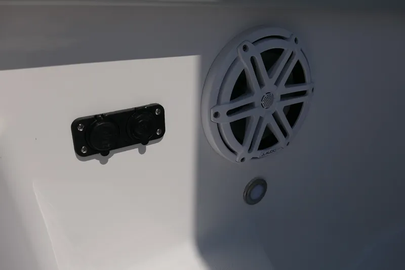 Slide: The Image of 2027 Blackfin 242 HB boat speaker and power outlets on white panel. - 49