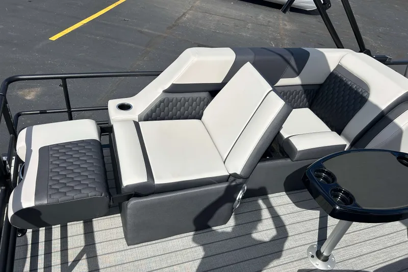 Slide: The Image of Luxurious seating on 2026 Sylvan L3 LZ Tritoon boat with cup holders and sleek design. - 5