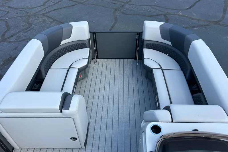 Slide: The Image of 2026 Sylvan L3 LZ Tritoon interior with gray seating and flooring. - 21