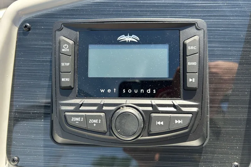Slide: The Image of Wet Sounds audio system on 2026 Sylvan Mirage 820 LZ boat dashboard. - 9