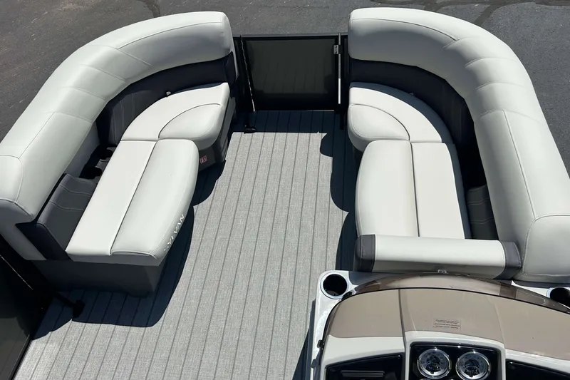 Slide: The Image of Luxurious seating on the 2026 Sylvan Mirage 820 LZ pontoon boat, featuring sleek design and comfort. - 14