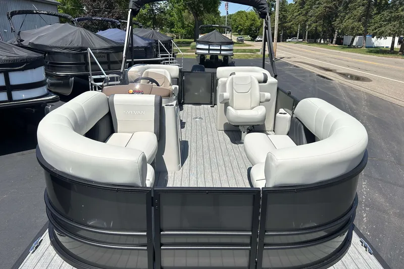 Slide: The Image of 2026 Sylvan Mirage 820 LZ pontoon boat with spacious seating and modern design. - 1