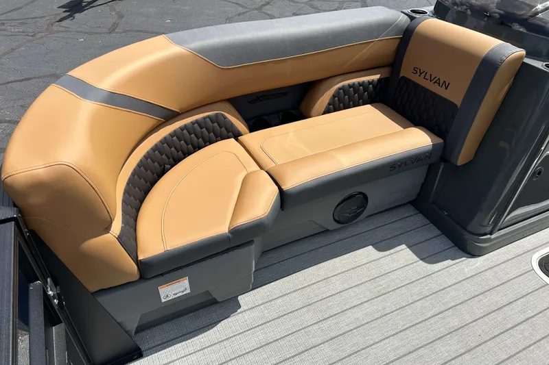 Slide: The Image of Luxurious seating on 2027 Sylvan X3 LZ DH Tritoon with tan and gray upholstery. - 20