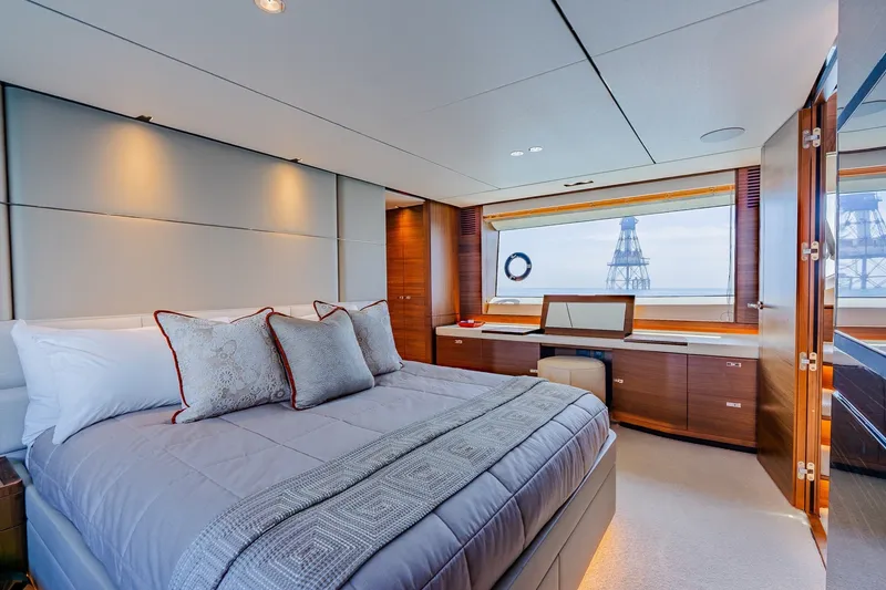 Slide: The Image of Luxurious bedroom interior on 2022 Princess Y78 yacht with elegant decor and ocean view. - 21