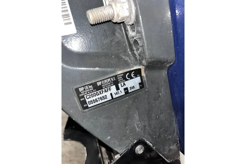 Slide: The Image of Label on a 2020 Robalo R200 Center Console boat engine, showing model and serial numbers. - 27