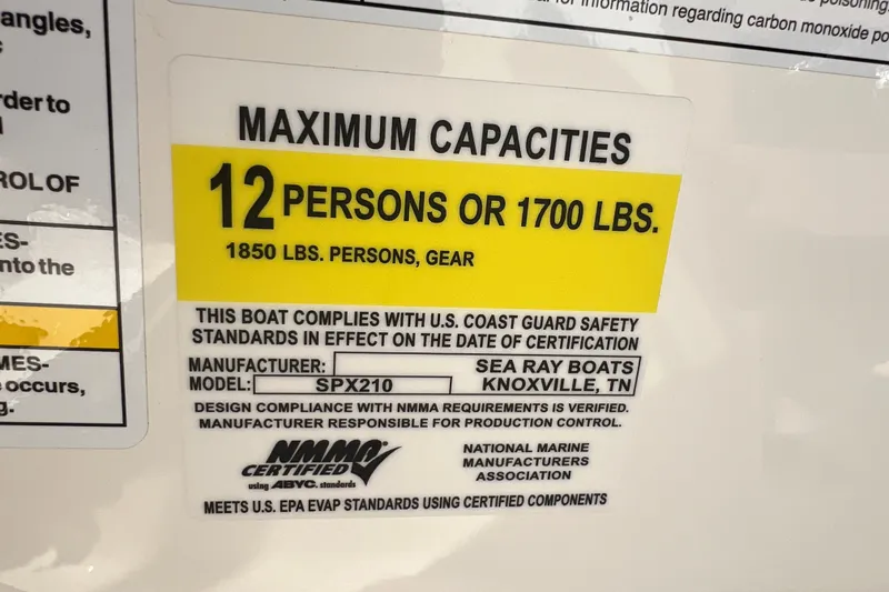 Slide: The Image of Sea Ray SPX 210 boat capacity label, 12 persons or 1700 lbs, 2022 model. - 36