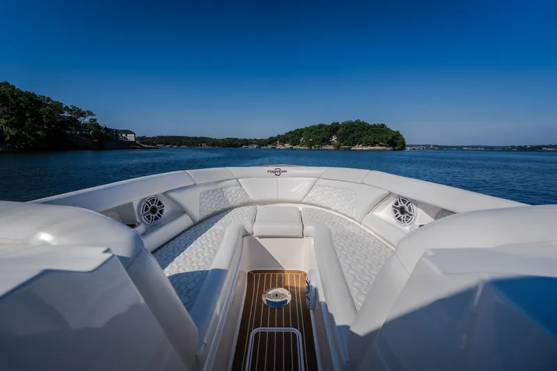 Slide: The Image of Luxurious 2026 Fountain 39 DX boat interior with scenic lake view. - 64