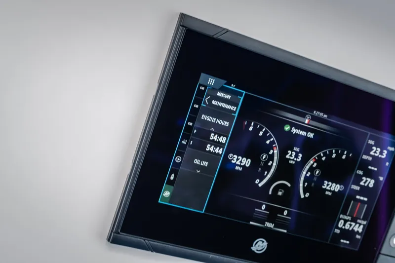 Slide: The Image of Dashboard display of a 2026 Fountain 39 DX boat showing engine metrics and system status. - 45