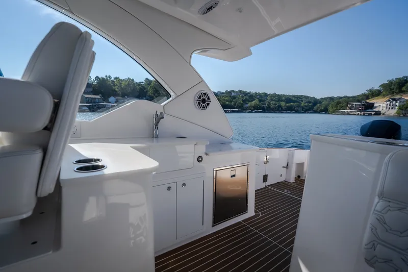 Slide: The Image of Luxurious interior of 2026 Fountain 39 DX yacht with lake view. - 37