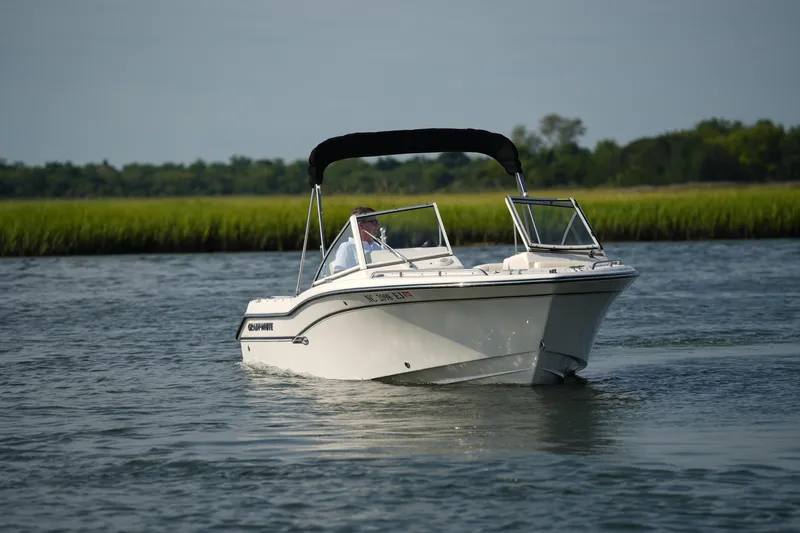 Slide: The Image of 2018 Grady-White Freedom 192 boat cruising on a calm river. - 14
