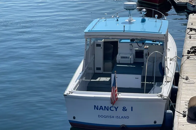 Slide: The Image of 1966 Webbers Cove 34 boat named "Nancy & I" docked at Dogfish Island. - 14