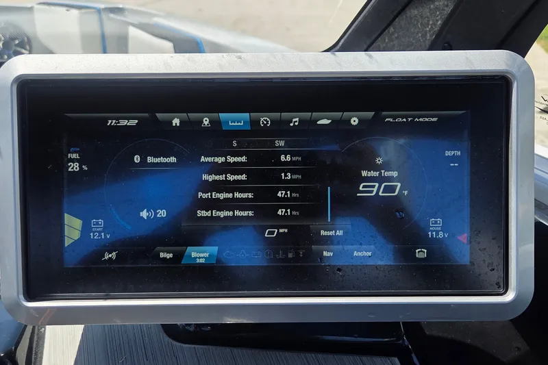 Slide: The Image of 2023 Yamaha Boats 222XD dashboard display showing speed, engine hours, and water temperature. - 19