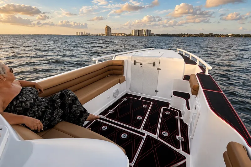 Slide: The Image of 2006 Donzi 38 ZFX Cuddy cruising on water at sunset with passenger relaxing. - 34