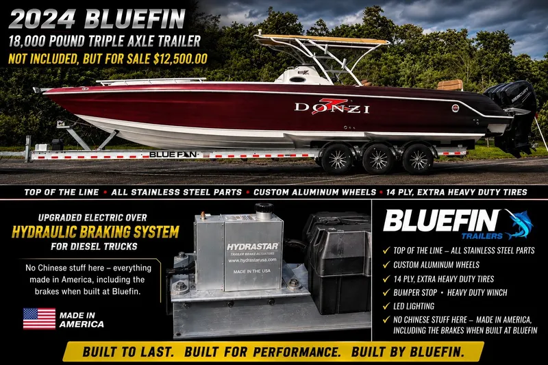 Slide: The Image of 2006 Donzi 38 ZFX Cuddy on 2024 Bluefin trailer, featuring hydraulic braking system. - 23