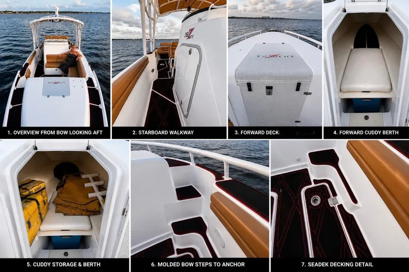 Slide: The Image of 2006 Donzi 38 ZFX Cuddy boat interior and exterior features, including deck and berth details. - 29