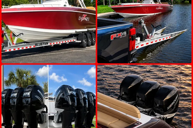 Slide: The Image of 2006 Donzi 38 ZFX Cuddy boat with Mercury engines on a trailer and in water. - 22