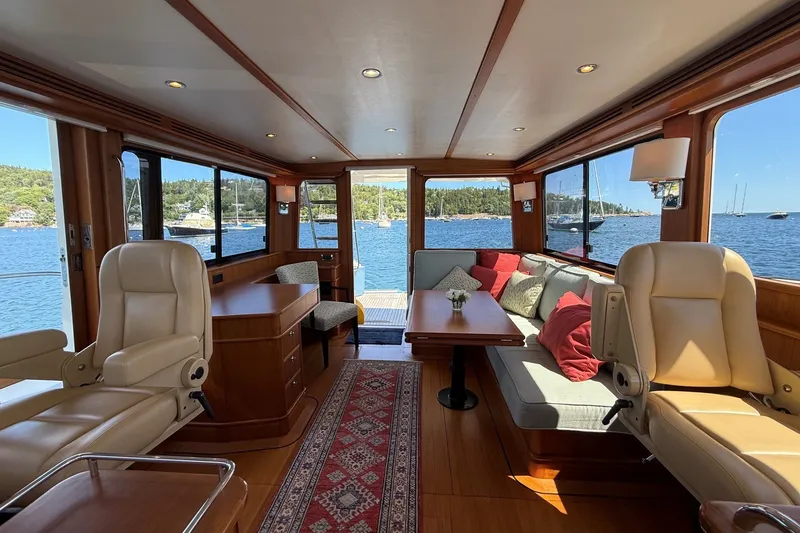 Slide: The Image of Luxurious interior of 2013 York's Marine 46 Flybridge Cruiser with scenic ocean view. - 32