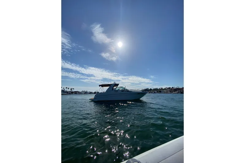 The Image of 1999 Sea Ray 290 boat cruising on sunny, calm waters with clear blue sky. - 1
