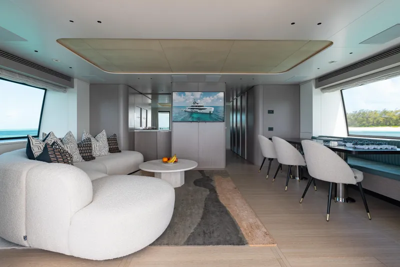 Slide: The Image of Luxurious interior of 2023 Benetti Oasis 34 yacht with modern seating and ocean view. - 30