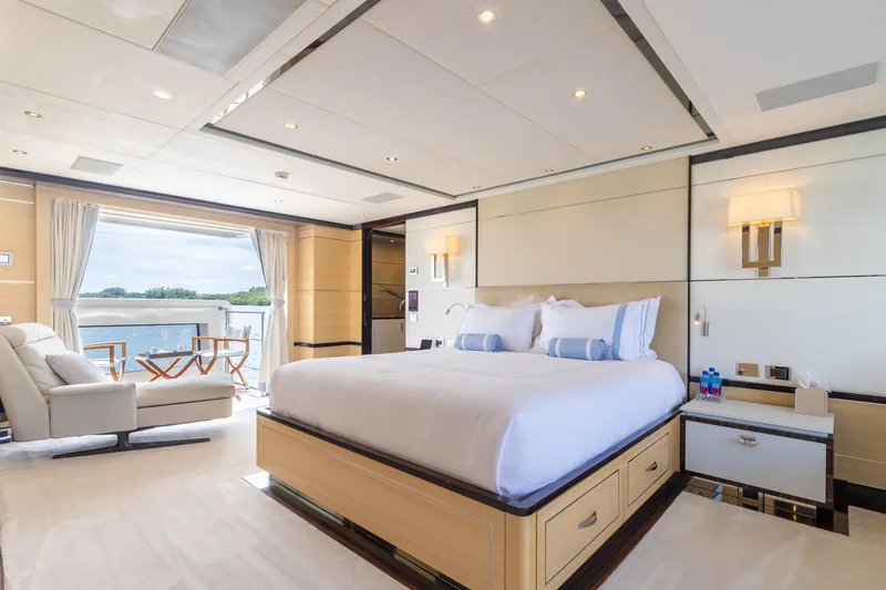 Slide: The Image of Luxurious bedroom on 2018 Benetti Fast 125 yacht with ocean view and elegant furnishings. - 17