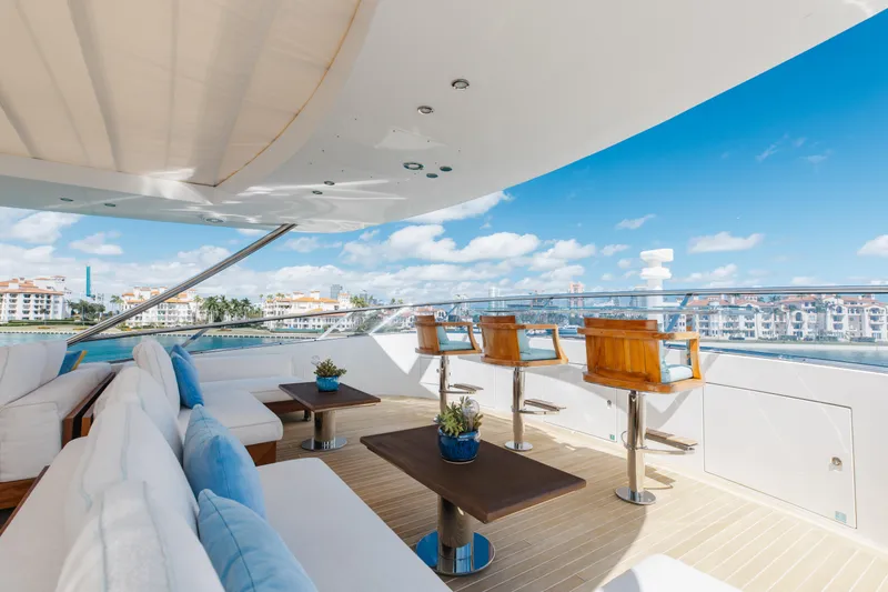 Slide: The Image of Luxurious 2018 Benetti Fast 125 yacht deck with seating, ocean view, and clear blue sky. - 44