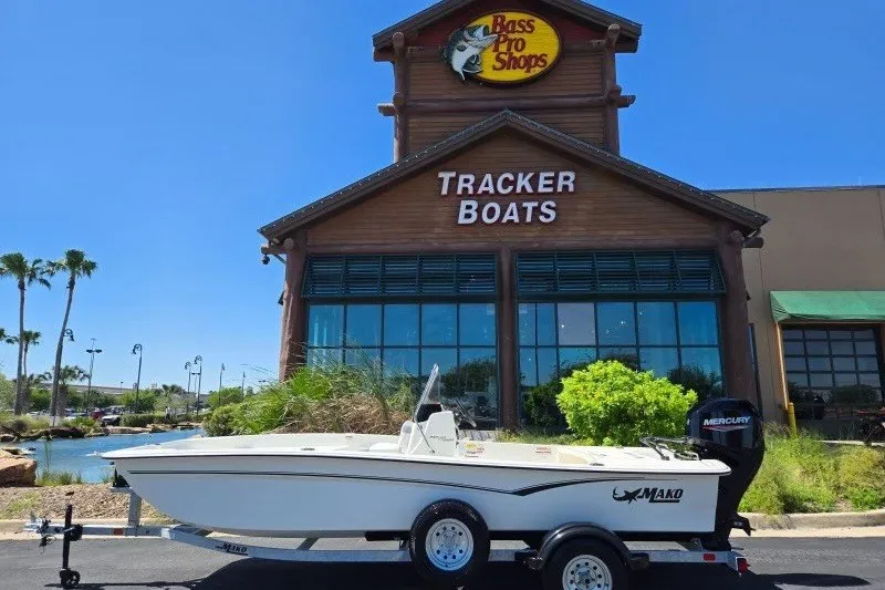 The Image of 2027 Mako Pro Skiff 17 CC boat displayed outside Bass Pro Shops Tracker Boats. - 0