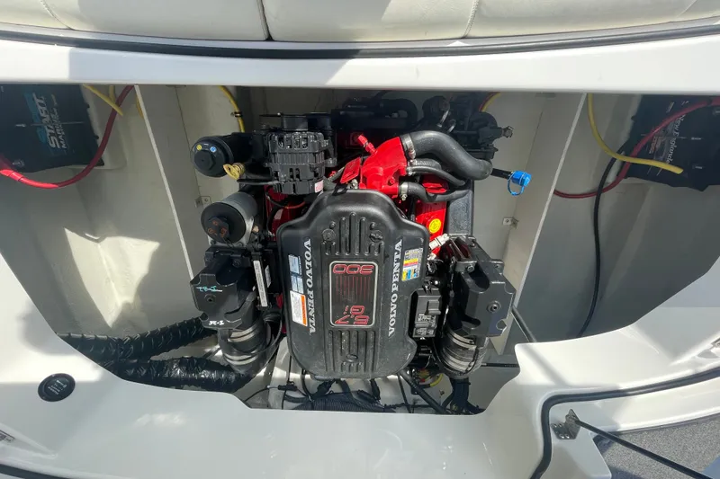 Slide: The Image of 2008 Cobalt 202 boat engine compartment with Volvo Penta motor. - 13