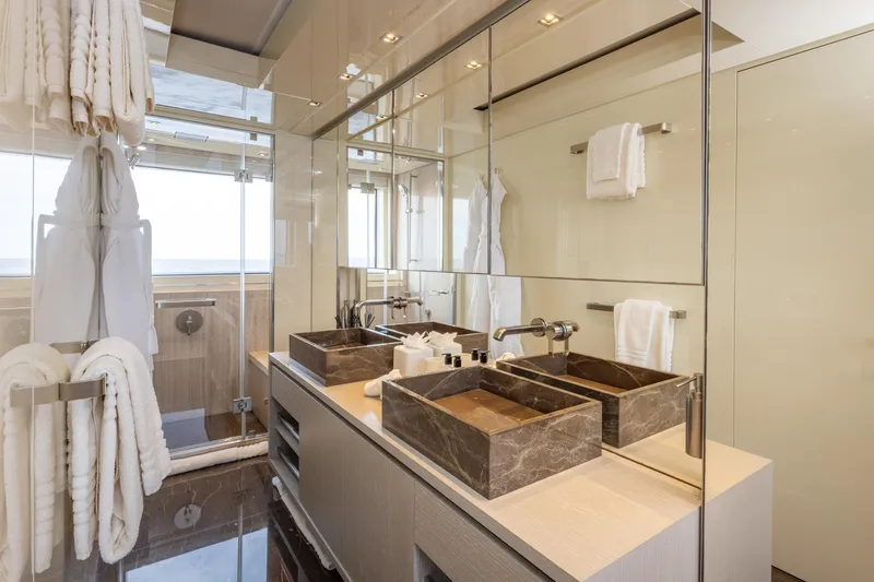 Slide: The Image of Luxurious bathroom on 2019 Sanlorenzo SD112 yacht with dual marble sinks and elegant fixtures. - 37