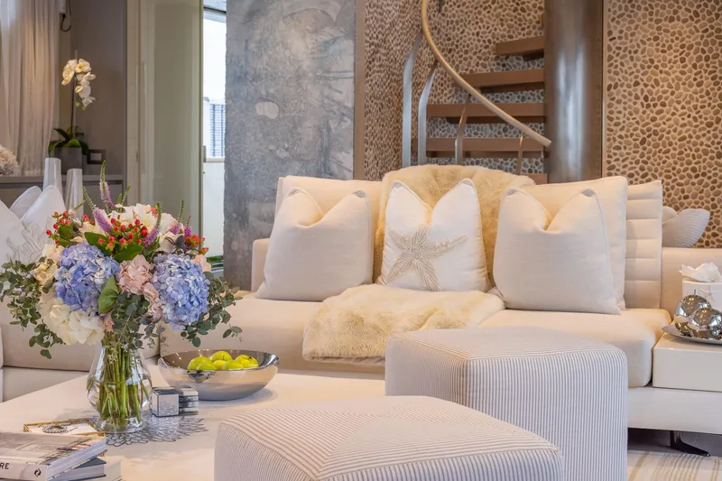 Slide: The Image of Luxurious Sanlorenzo SD112 yacht interior with elegant decor and floral arrangement, 2019 model. - 27