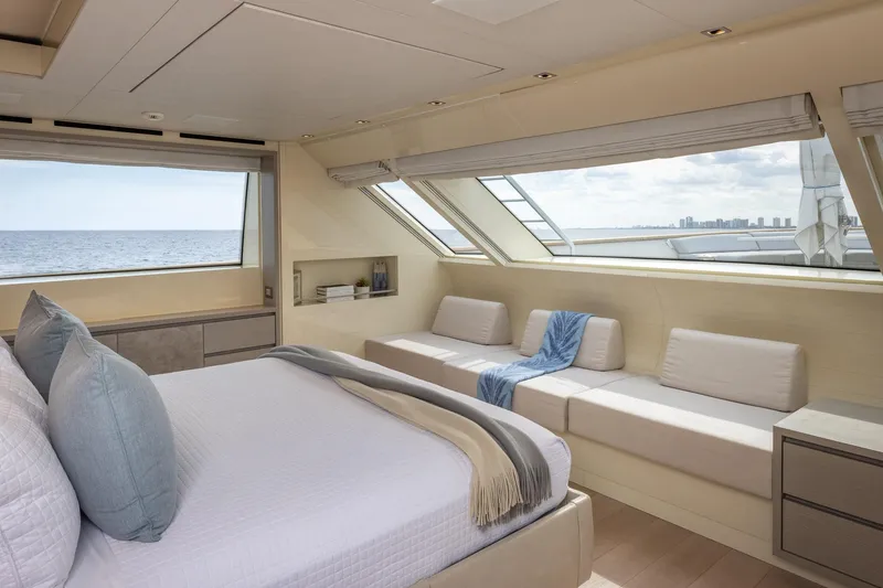 Slide: The Image of Luxurious 2019 Sanlorenzo SD112 yacht bedroom with ocean view and elegant decor. - 33