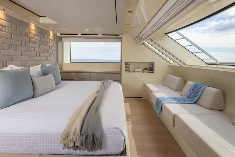 Slide: The Image of Luxurious 2019 Sanlorenzo SD112 yacht bedroom with ocean view and elegant decor. - 34
